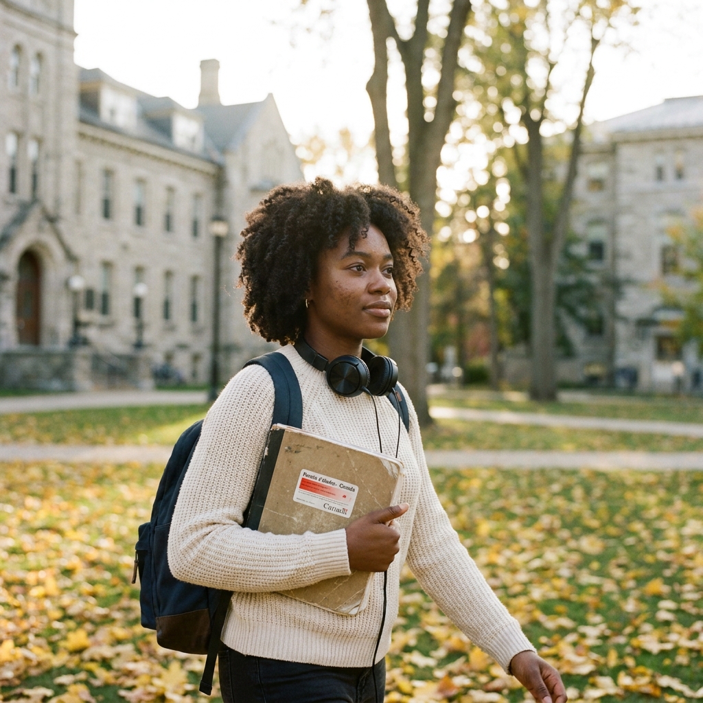 Étudiante sur un campus universitaire canadien