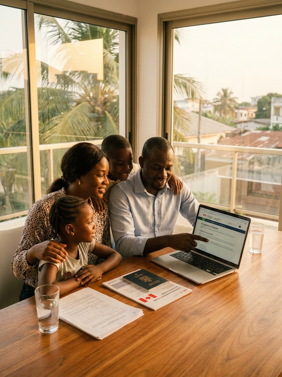 Famille camerounaise consultant le site d'IRCC pour préparer son projet d'immigration