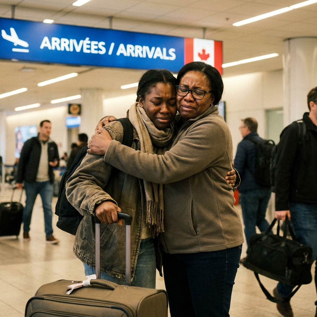 Retrouvailles familiales à l'aéroport au Canada